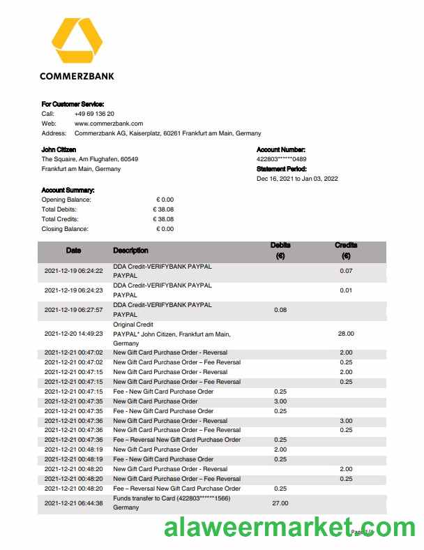 Germany Commerzbank bank statement template, Word and PDF format
